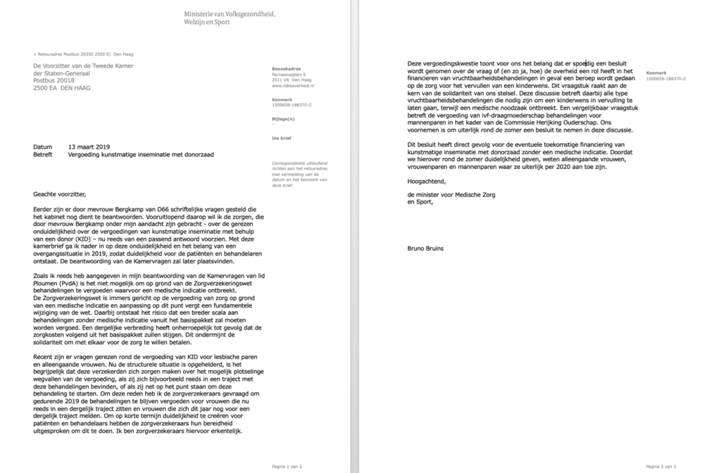 Kunstmatige inseminatie bij lesbische vrouwen in 2019 vergoed